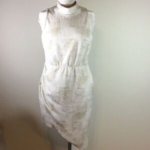 Venus Women’s Dress Metallic Gold Cream Mock Collar  Ruched Asymmetrical Size L